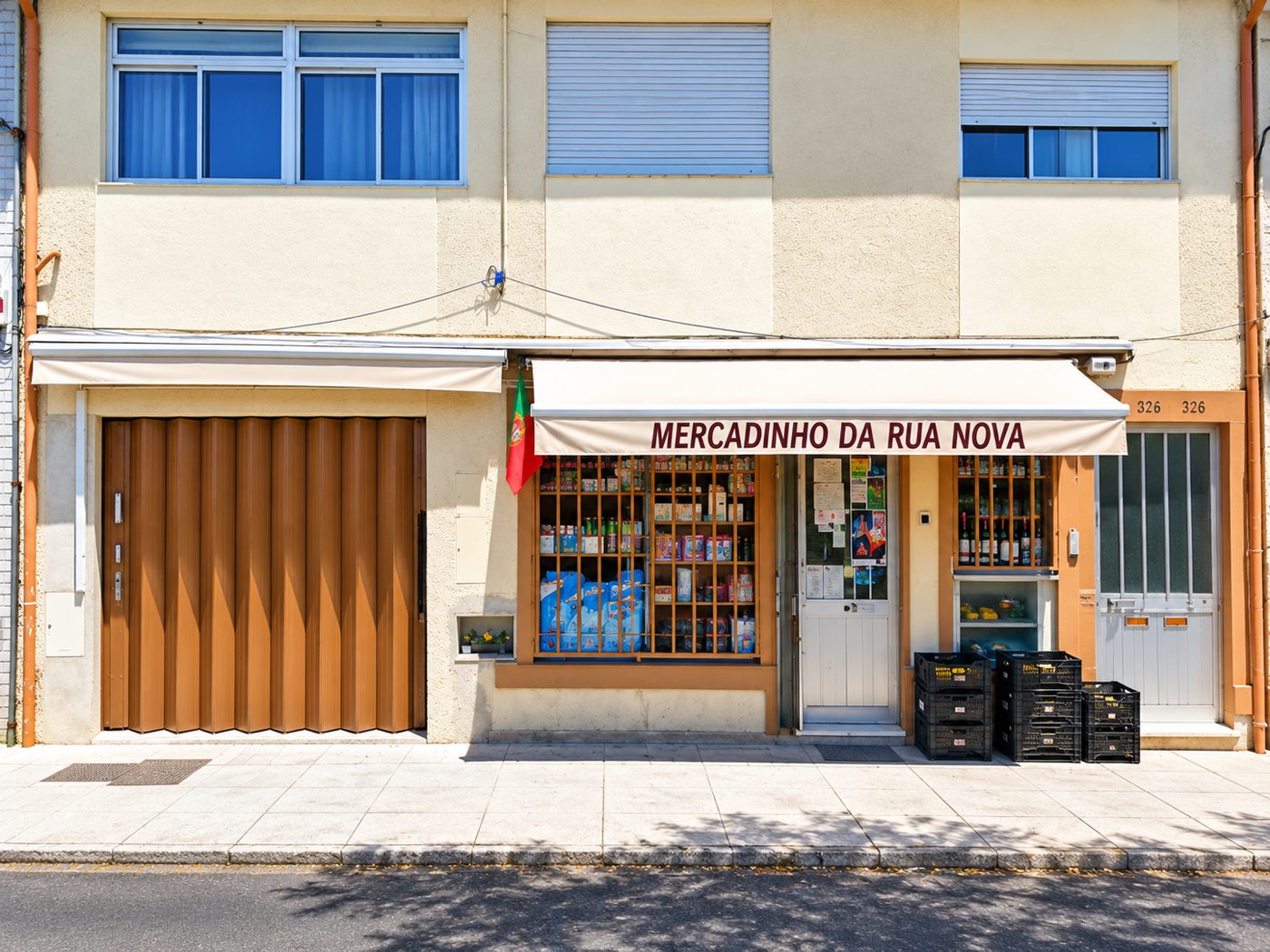 Fachada do Mercadinho da Rua Nova, com o toldo e as montras cheias de produtos